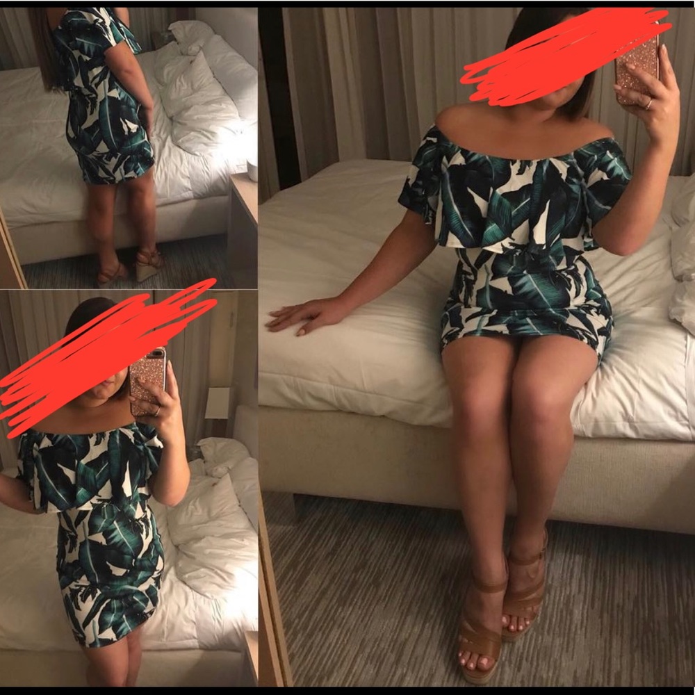 Banana leaf print strapless dress